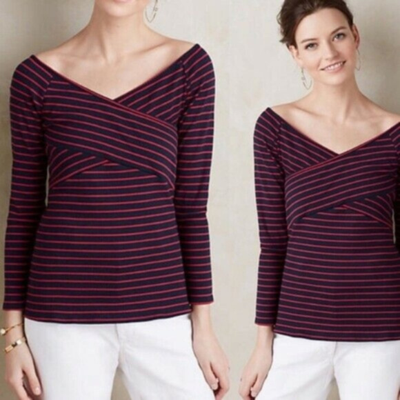 Anthro Deletta S Red Blue Striped Ribbed Top - Picture 6 of 12